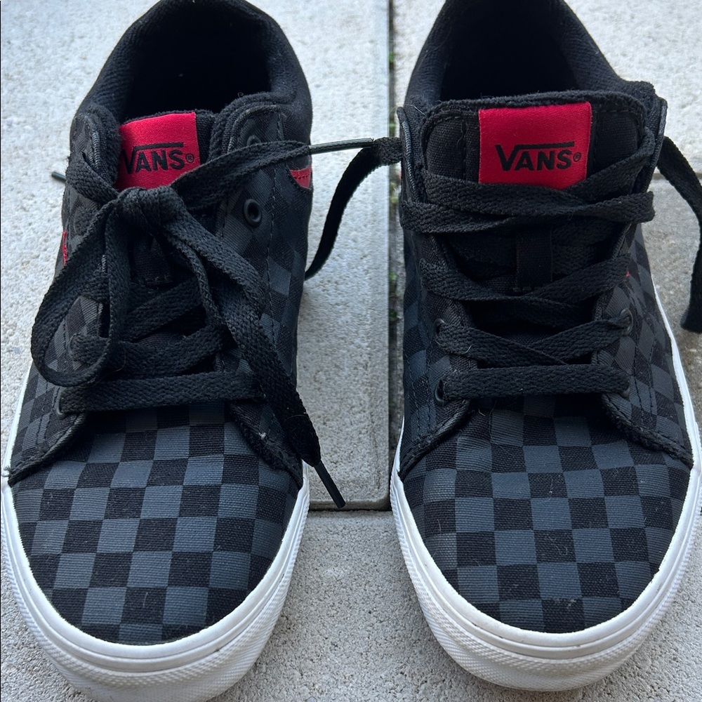 Vans Black and Gray Checkered Shoes with Red Accents